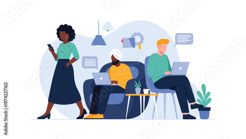 Diverse group of young professionals working remotely or in a coworking space using laptops and smartphones in a modern flat office setting.