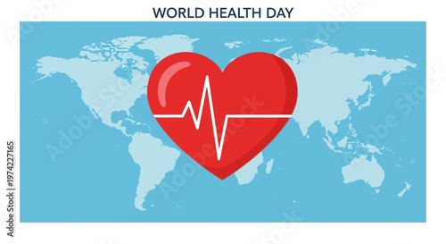 World Health Day Heartbeat on World Map Background