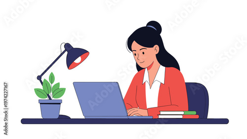 Dedicated woman sitting at a desk and working on a laptop with a lamp and a plant in a simple and clean office environment.