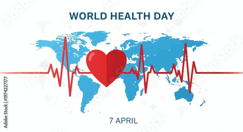 World Health Day Heartbeat World Map Global Health Awareness April 7 Healthcare