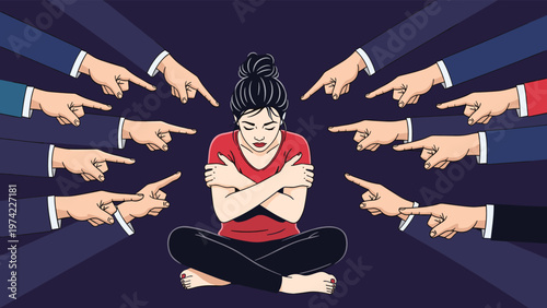 Vulnerable woman feeling judged and criticized by society or colleagues as multiple hands point at her in a symbolic representation of bullying.