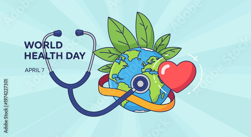 World Health Day concept: Earth, stethoscope, heart, and leaves on a light blue background