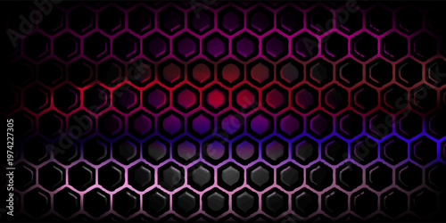 Dark gray and red horizontal hexagonal technology abstract vector background. red bright energy flashes under hexagon in futuristic modern technology wide banner. Dark gray honeycomb texture grid.