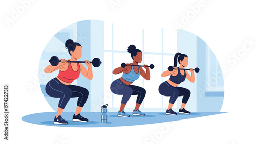 Group of women doing weighted squats together in a gym class setting for fitness, health, and muscle strengthening.