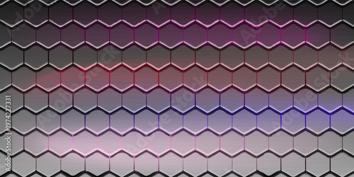 Dark gray and red horizontal hexagonal technology abstract vector background. red bright energy flashes under hexagon in futuristic modern technology wide banner. Dark gray honeycomb texture grid.