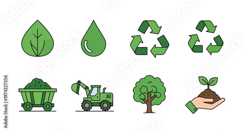 Green Ecology and Sustainability Vector Icon Set Featuring Recycling, Nature, and Industrial Elements