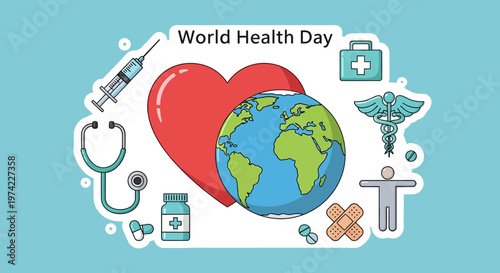 World Health Day concept: Global healthcare, medical symbols, heart, earth, syringe, stethoscope