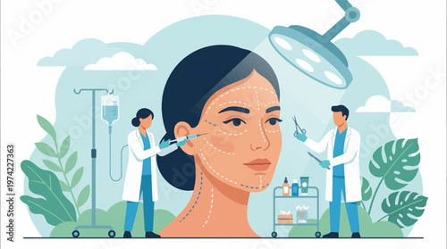 Flat Vector Cosmetic Surgery Illustration with Facial Aesthetic Treatment and Medical Elements