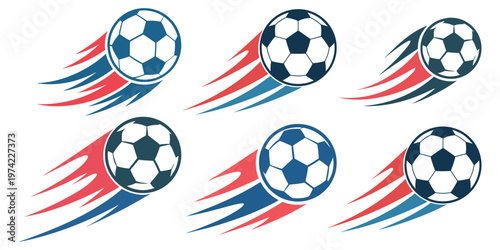 Soccer Ball Motion Icons Set with Speed Lines - Flying Football, Dynamic Movement, Sports Action Vector