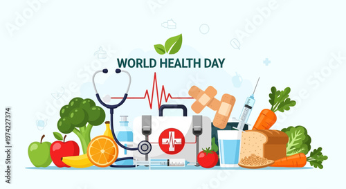 World Health Day concept: healthy food, medical kit, stethoscope, and vital signs