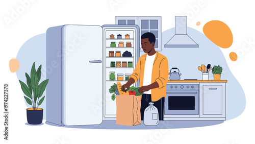 Young Black man organizing fresh vegetables and groceries into a modern refrigerator in a clean, stylish kitchen interior during his daily routine.