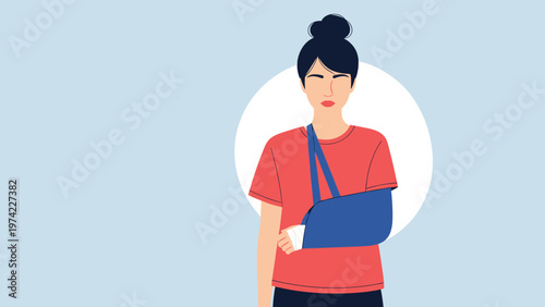 Injured woman with her arm in a blue medical sling standing against a light blue background while recovering from an accident.