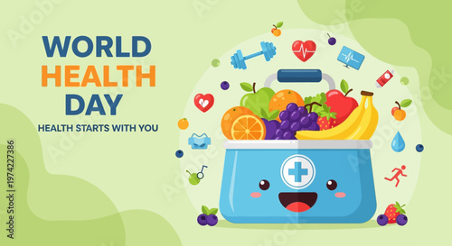 World Health Day concept: healthy lifestyle, fruits, and fitness symbols on a light green background