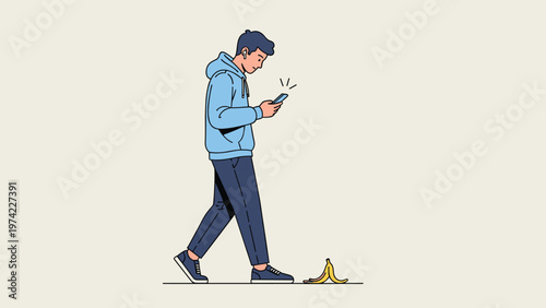 Careless man walking while looking at his smartphone and about to trip on a banana peel on the floor in a humorous scene.