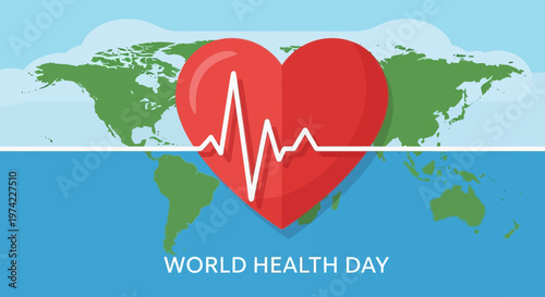World Health Day concept: Red heart with ECG line over world map, global healthcare awareness