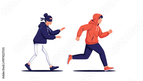 Blindfolded young woman reaching out to catch a man in a red hoodie who is running away, depicting a game of tag or lack of clear direction.