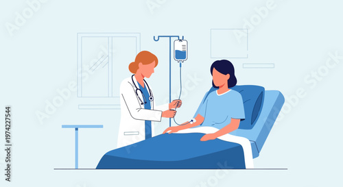 Doctor administering IV drip to patient in hospital bed, healthcare concept