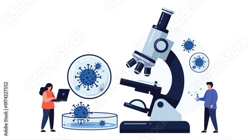 Scientific team of researchers studying virus strains using a large microscope and laboratory equipment for medical development and vaccine research.