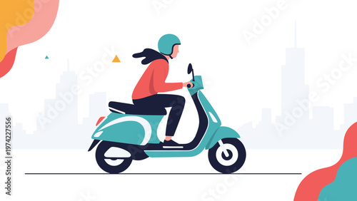 Stylish person wearing a blue helmet and riding a turquoise motor scooter through a modern city landscape with tall skyscrapers in the distance.