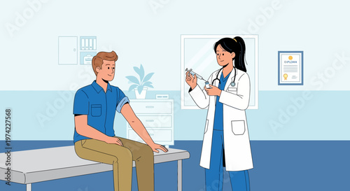 Doctor administering vaccine to patient in clinic