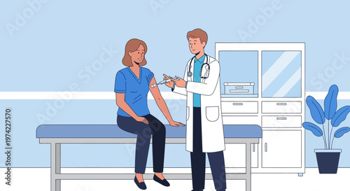 Doctor administering vaccine to patient in clinic, healthcare concept