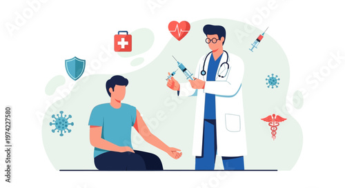 Doctor administering vaccine to patient, medical symbols, virus illustration, healthcare concept