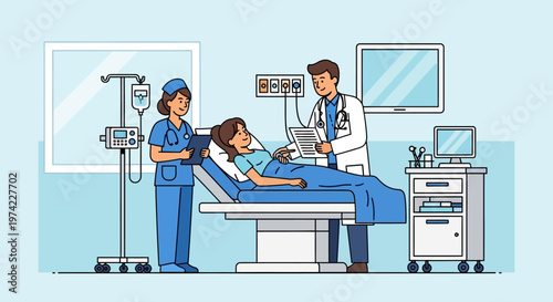 Doctor and nurse caring for patient in hospital room with medical equipment