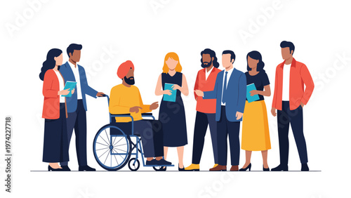 Inclusive professional team of diverse individuals including a person in a wheelchair discussing business and projects in a workplace environment.