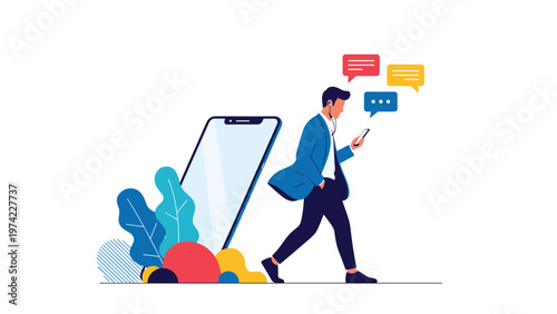 Man walking while using his smartphone with speech bubbles appearing above him, next to a large phone screen and stylized blue background plants.