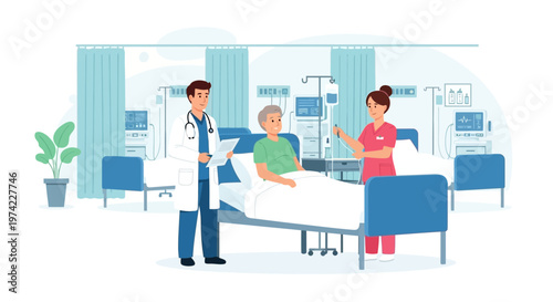 Doctor and Nurse Caring for Patient in Modern Hospital Room with Medical Equipment