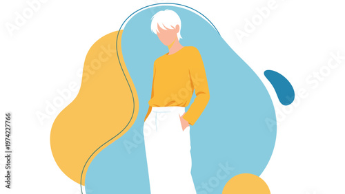 Abstract faceless illustration of a person with white hair wearing a yellow sweater and white pants against colorful fluid background shapes.