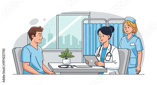 Doctor and nurse consult with patient in medical office, healthcare, consultation, examination