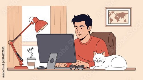 Focused man working on a desktop computer at his home office desk with a white cat sleeping nearby and a large map of the world on the wall.