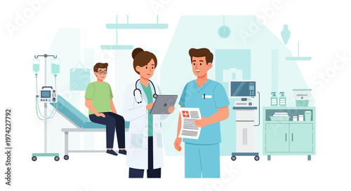 Doctor and nurse consulting patient in hospital room with medical equipment