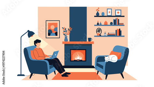 Young man sitting in a cozy blue armchair working on his laptop in a modern living room with a fireplace, bookshelves, and a sleeping cat.