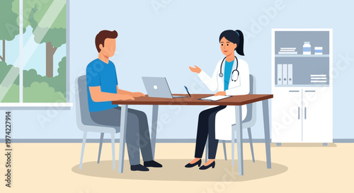 Doctor consulting male patient in clinic office, discussing health with laptop and medical records