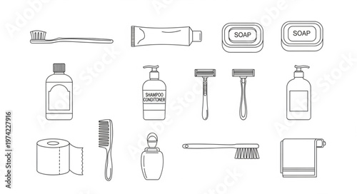Collection of Hygiene and Grooming Products in Line Art.