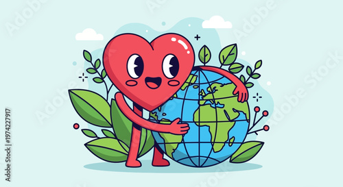 Happy Heart Hugging Planet Earth, Love and Care for Environment, Nature Protection Concept