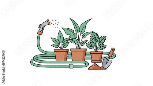 Set of gardening tools and plants including a long green hose with a spray nozzle, potted plants, a trowel, and a small pile of fresh soil.