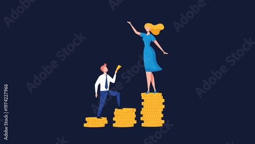Conceptual illustration of gender pay gap or career inequality showing a woman standing on a much taller stack of coins than a man.