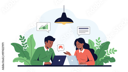 Two professional colleagues collaborating on a project using laptops at a desk in a green, plant-filled office space with speech bubbles.