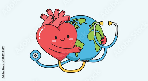 Healthy Heart Hugging Earth with Stethoscope, Global Health Care Concept