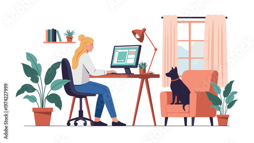 Productive woman working from home on her computer while her faithful black dog sits comfortably on a chair beside her in a bright home office.