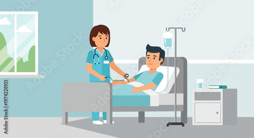 Nurse administering IV drip to patient in hospital bed, healthcare concept