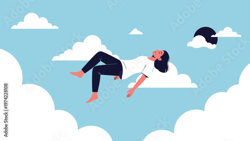 Young woman floating peacefully in a bright blue sky among white clouds, symbolizing freedom, dreaming, imagination, and mental relaxation.
