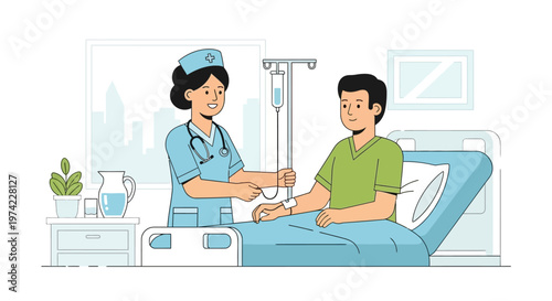 Nurse Administering IV Drip to Patient in Hospital Bed, Medical Care Concept