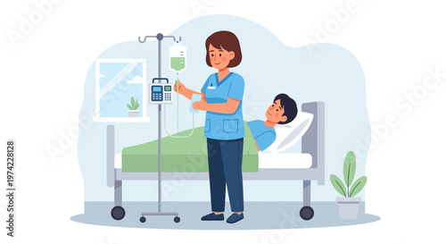 Nurse Administering IV Drip to Patient in Hospital Bed