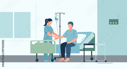 Nurse Administering IV Drip to Patient in Hospital Room