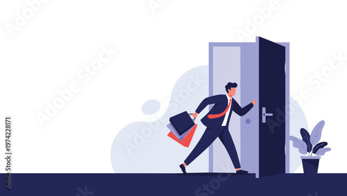 Businessman in a formal suit running excitedly through an open door while carrying several colorful shopping bags during a sale or event.