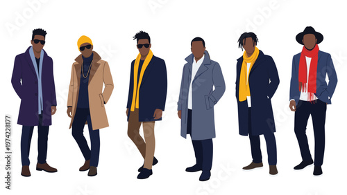 Lineup of six diverse men in stylish winter clothing including coats, jackets, hats, scarves, and sunglasses, showcasing mens fashion.